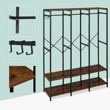 Open Wardrobe with Rails & Shelves – Iron Frame, Wood Panels