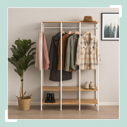 Open Wardrobe with Rails & Shelves – Iron & Wood