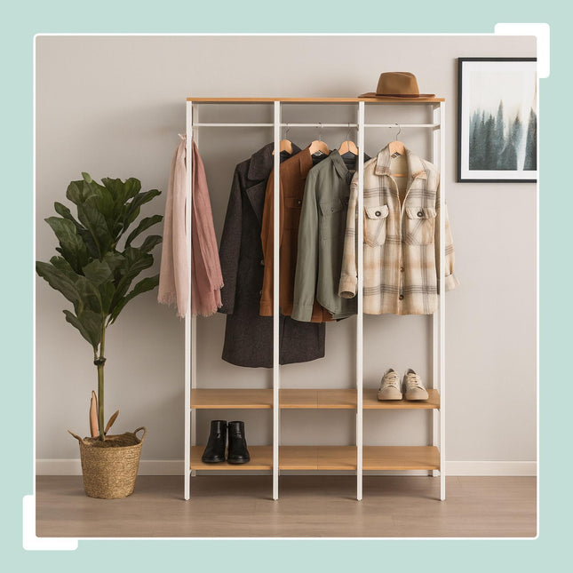 Open Wardrobe with Rails & Shelves – Iron & Wood