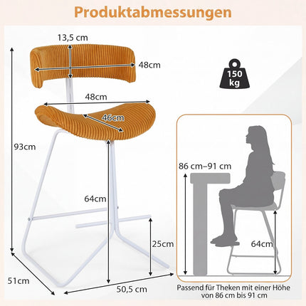 Orange Corduroy Counter Stools, 25" Seat, Set of 2