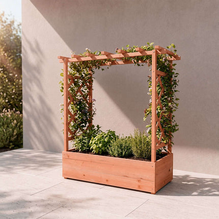Orange Fir Wood Planter with Trellis & Roof, Large