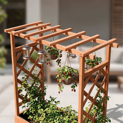 Orange Fir Wood Planter with Trellis & Roof, Large