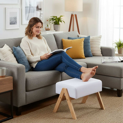 Ottoman Footstool with Fabric Top & Bamboo Legs