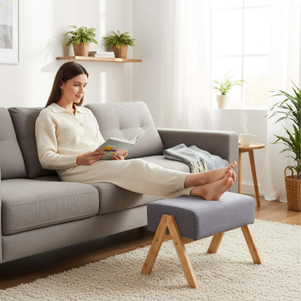 Ottoman Footstool with Fabric Top & Bamboo Legs