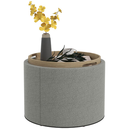 Round ottoman stool with storage, gray linen - Ø56 x 42 cm