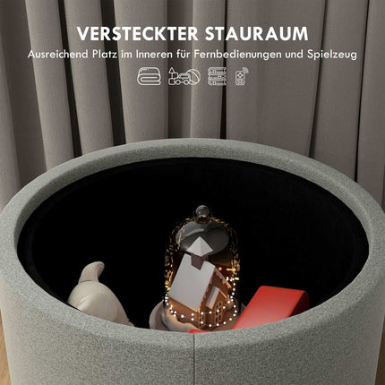 Round ottoman stool with storage, gray linen - Ø56 x 42 cm