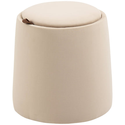 Beige velvet storage ottoman, round stool with removable lid