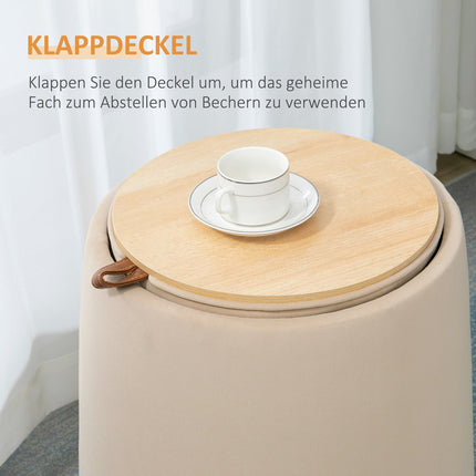 Beige velvet storage ottoman, round stool with removable lid