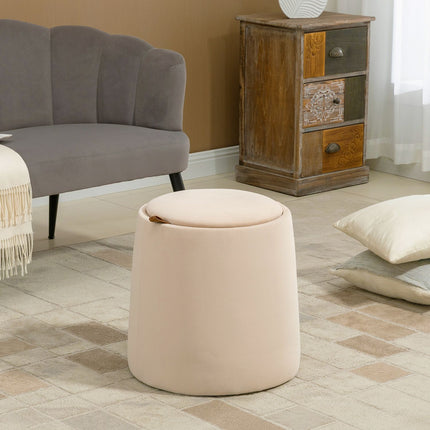 Beige velvet storage ottoman, round stool with removable lid
