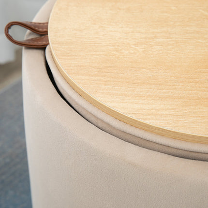 Beige velvet storage ottoman, round stool with removable lid