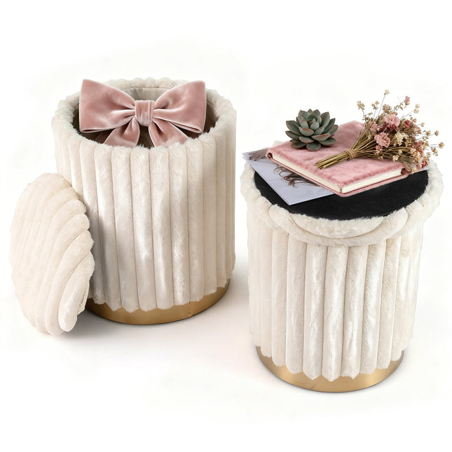 Ottomanenset met opbergruimte, imitatiebont, beige, 2-delig