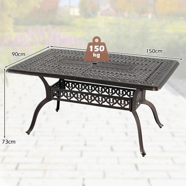 Outdoor Aluminum Dining Table with Umbrella Hole, 150x90 cm