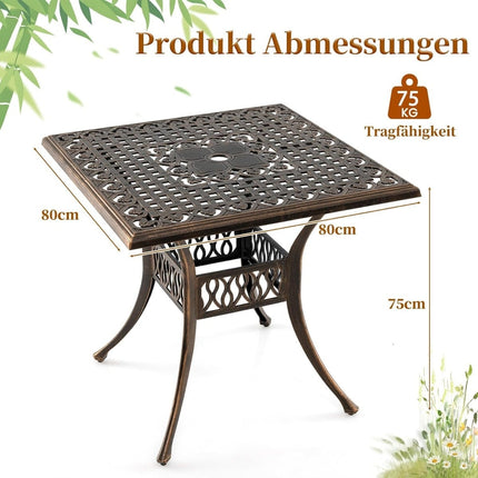 Outdoor Aluminum Patio Table with Umbrella Hole, 80x80 cm