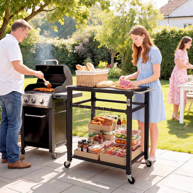 Outdoor BBQ Cart with Storage, Metal Surface, Black