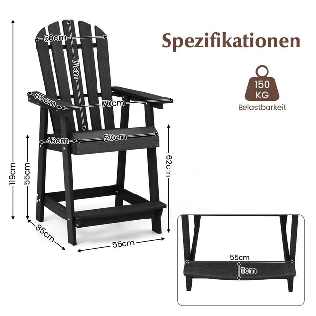 Outdoor Bar Stool with Armrest & Footrest HDPE Patio Chair Weatherproof Pub Stool Black