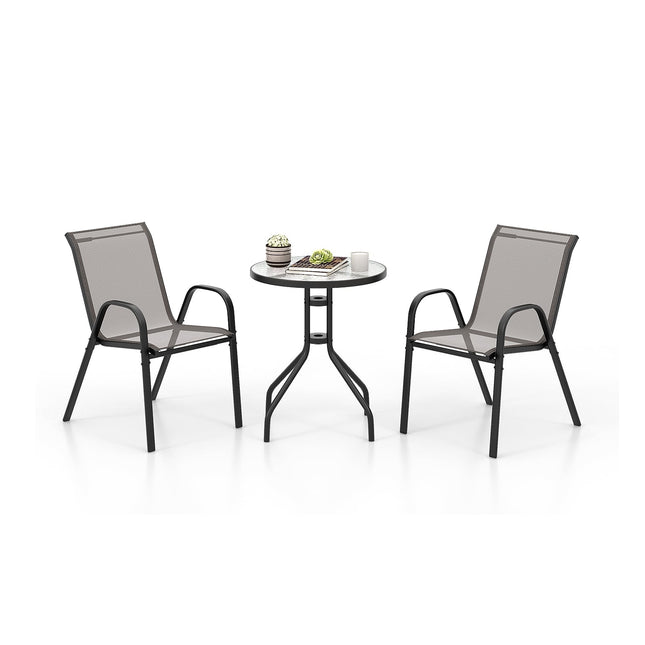 Outdoor Bistro Set – 2 Stackable Chairs, Round Table, Gray