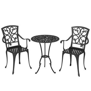 Outdoor Bistro Set, Cast Aluminum, Table & 2 Chairs, Black