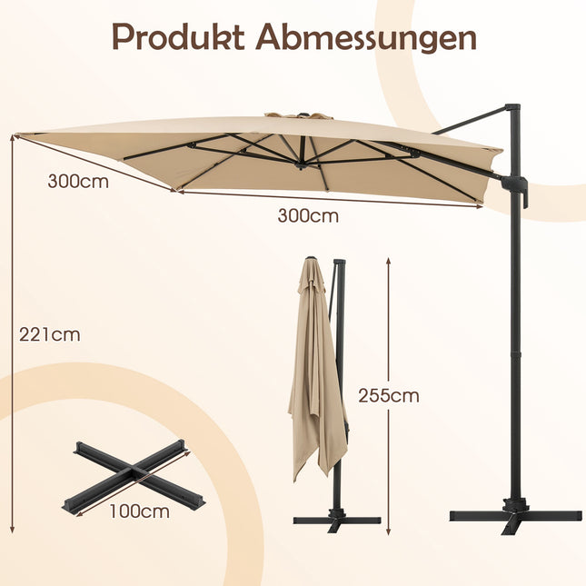 Outdoor Cantilever Umbrella 300x300 cm, Beige, 360 Rotation