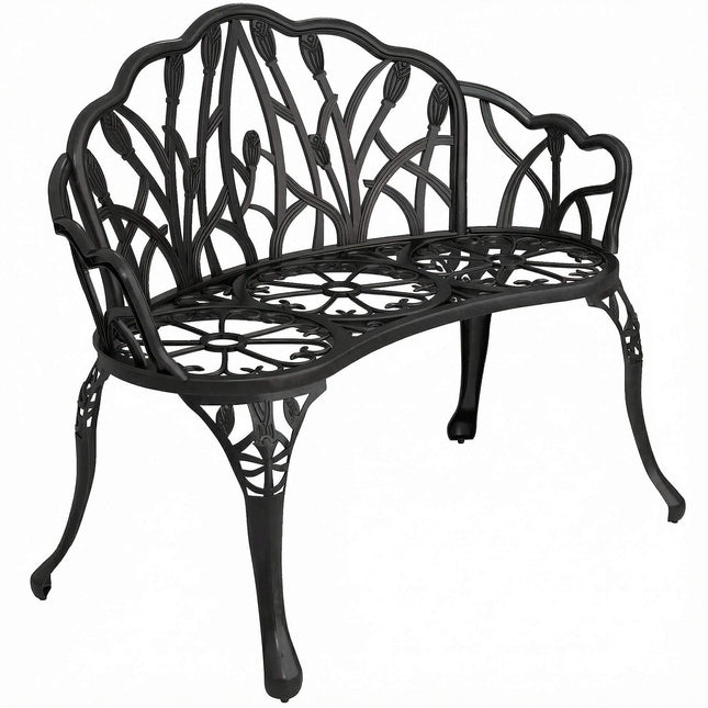 Outdoor Cast Aluminum Garden Bench, Black, 2-Seater