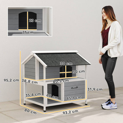 Outdoor Cat House, Waterproof Fir Wood, 2 Levels, 80x93x95 cm