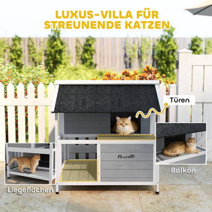 Outdoor Cat House, Waterproof Fir Wood, 2 Levels, 80x93x95 cm