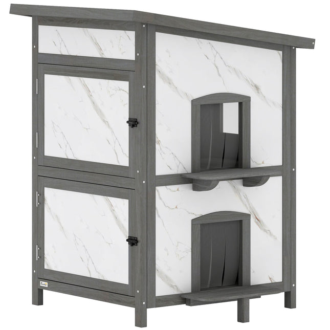 Outdoor Cat House, Waterproof Wood Shelter, Multiple Entrances