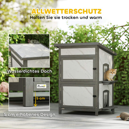 Outdoor Cat House, Waterproof Wood Shelter, Multiple Entrances