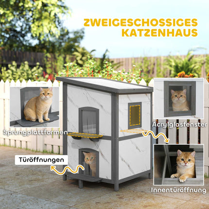 Outdoor Cat House, Waterproof Wood Shelter, Multiple Entrances