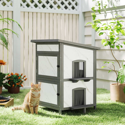 Outdoor Cat House, Waterproof Wood Shelter, Multiple Entrances
