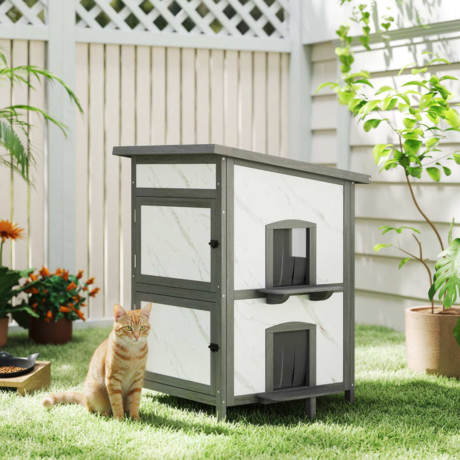 Outdoor Cat House, Waterproof Wood Shelter, Multiple Entrances