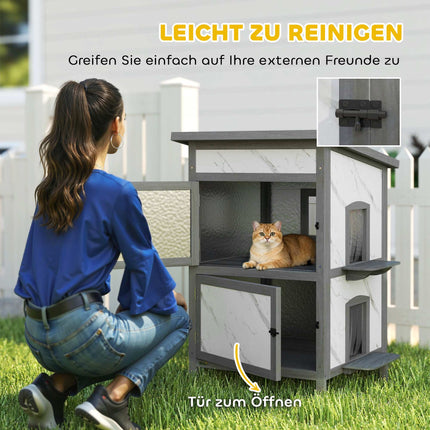 Outdoor Cat House, Waterproof Wood Shelter, Multiple Entrances