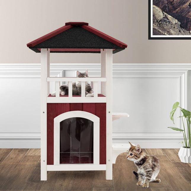 Outdoor Cat House with Balcony, Asphalt Roof, PVC Curtain