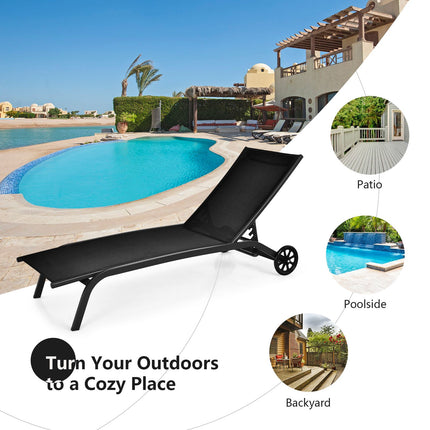 Outdoor Chaise Lounge Chair – 6-Position, Wheels, Black