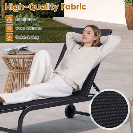 Outdoor Chaise Lounge Chair with Wheels, 6-Position Recline