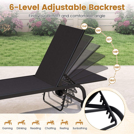 Outdoor Chaise Lounge Chair with Wheels, 6-Position Recline