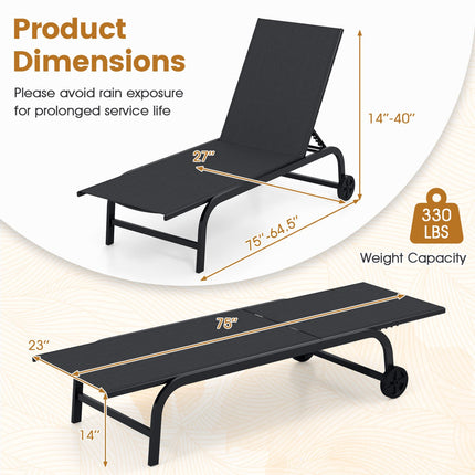 Outdoor Chaise Lounge Chair with Wheels, 6-Position Recline