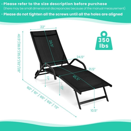 Outdoor Chaise Lounge Set, Adjustable Backrest, Black