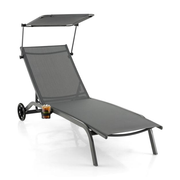 Outdoor Chaise Lounge With Canopy, Wheels, Metal Frame