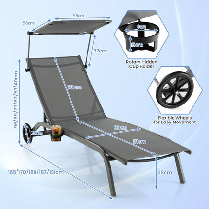 Outdoor Chaise Lounge With Canopy, Wheels, Metal Frame