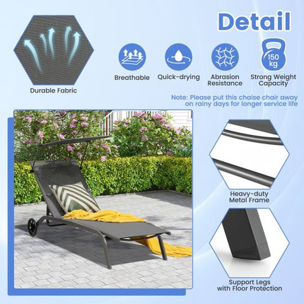 Outdoor Chaise Lounge With Canopy, Wheels, Metal Frame