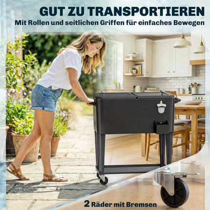 Outdoor Cooler Cart, 76L Capacity, Black, with Wheels
