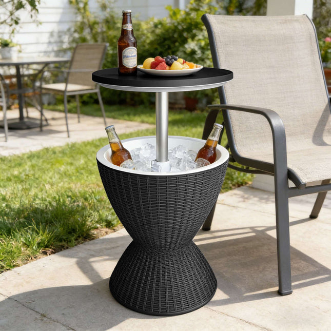 Outdoor Cooler Side Table, 30L Rattan, Adjustable Top