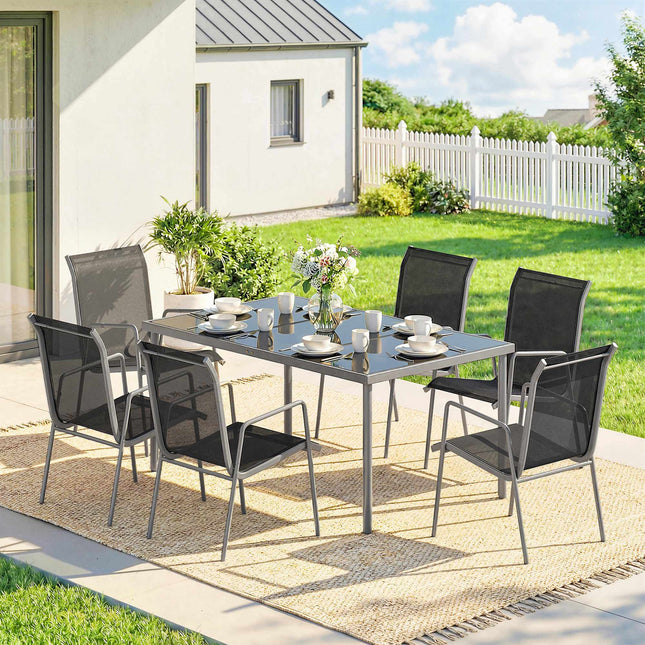 Outdoor Dining Set, 7-Piece, Glass Table & Stackable Chairs