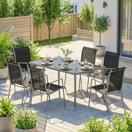 Outdoor Dining Set, 7-Piece, Glass Table & Stackable Chairs