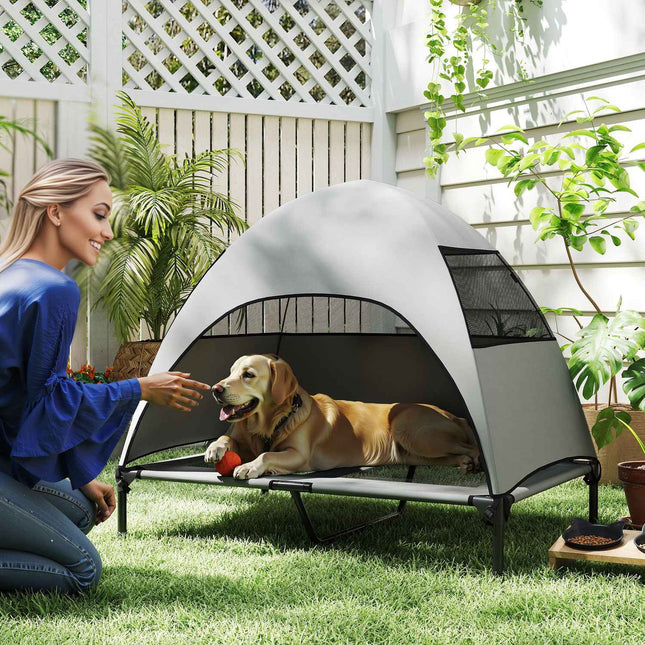 Outdoor elevated dog bed with roof, cooling net, large