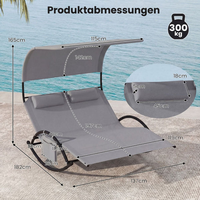 Outdoor Double Sun Lounger with Canopy and Headrests