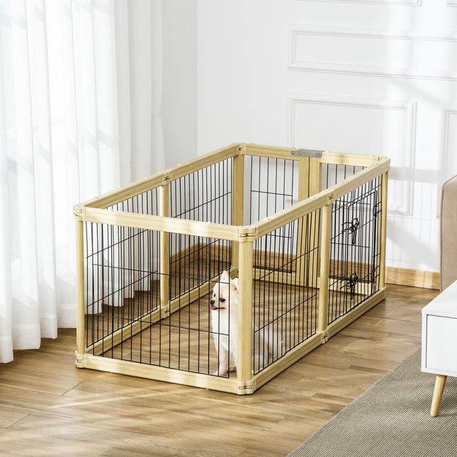 Foldable outdoor playpen in natural wood for small dogs