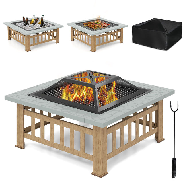 Outdoor Fire Pit, Grill Grate, Spark Guard, Poker, Gray