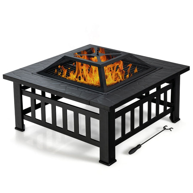 Outdoor Fire Pit with Grill, Spark Screen & Poker