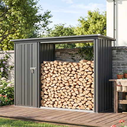 Outdoor Firewood Rack with Tool Cabinet, Galvanized Steel